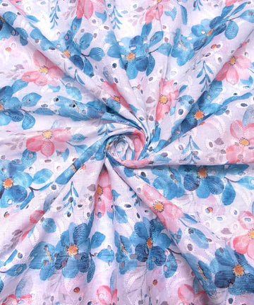 White Color Floral Digital Printed Cotton ChikanKari Embroidery Fabric